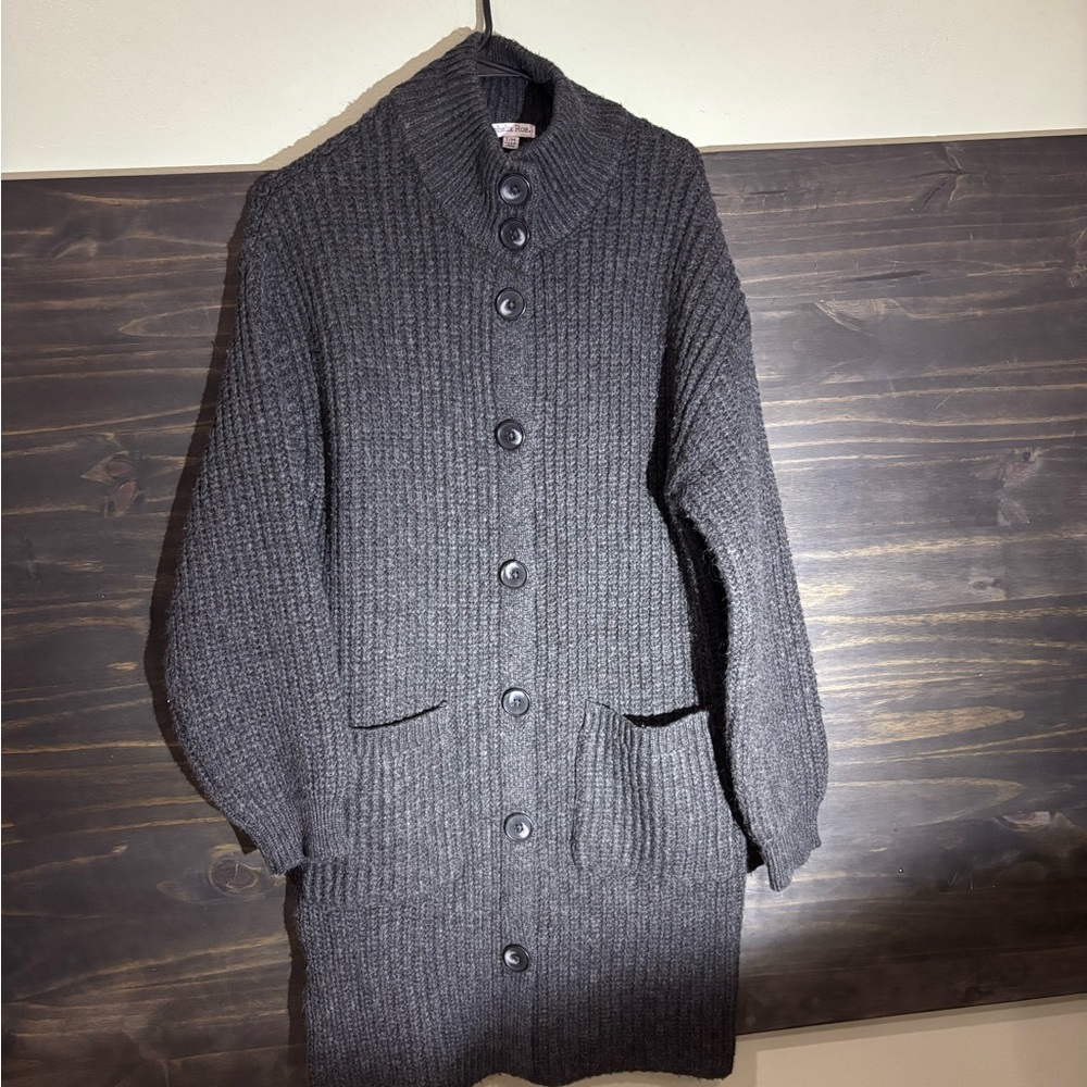 Ribbed Long Button-Front Cardigan Sweater - Charcoal